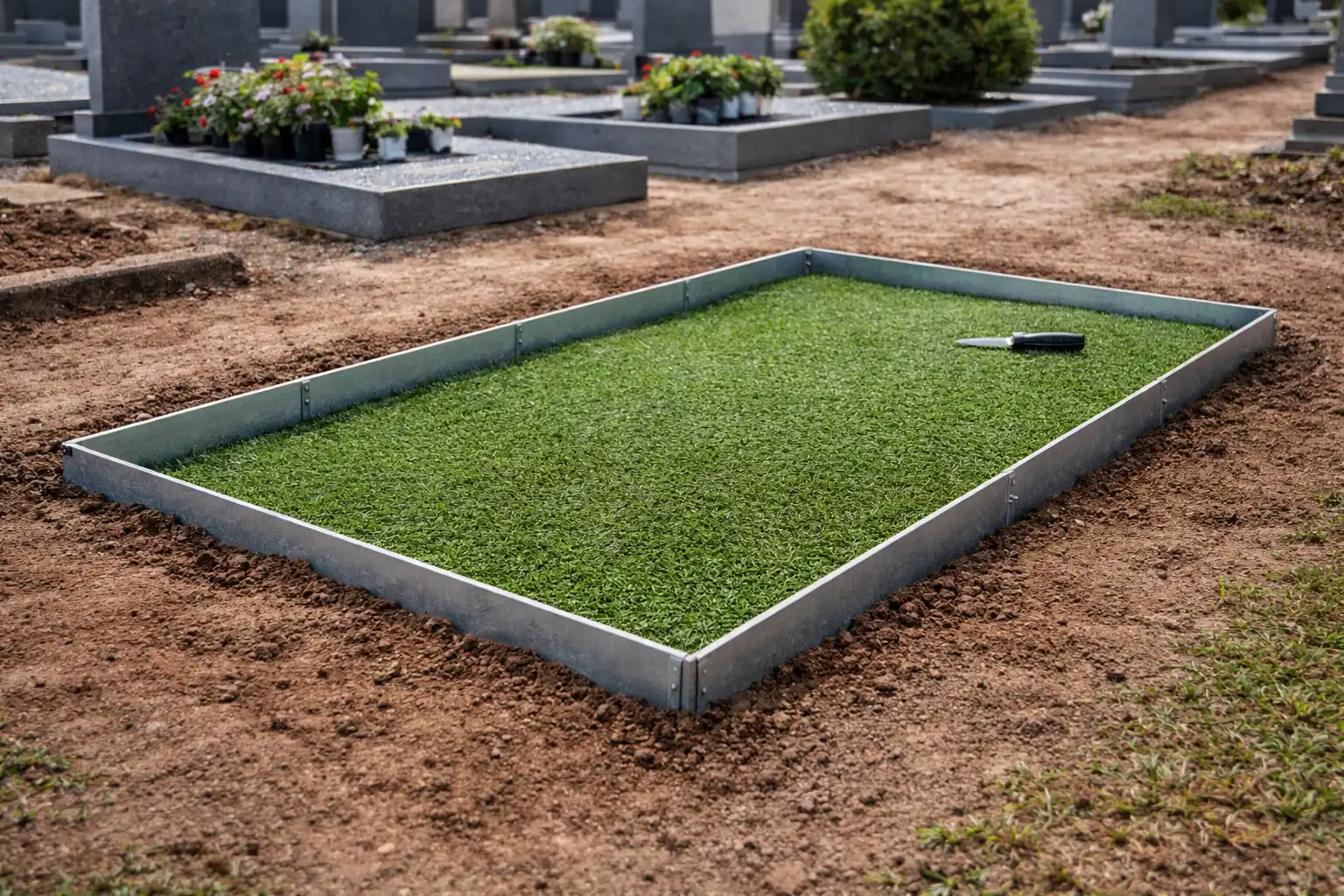 Pose d’un gazon synthétique sur une tombe en pleine terre