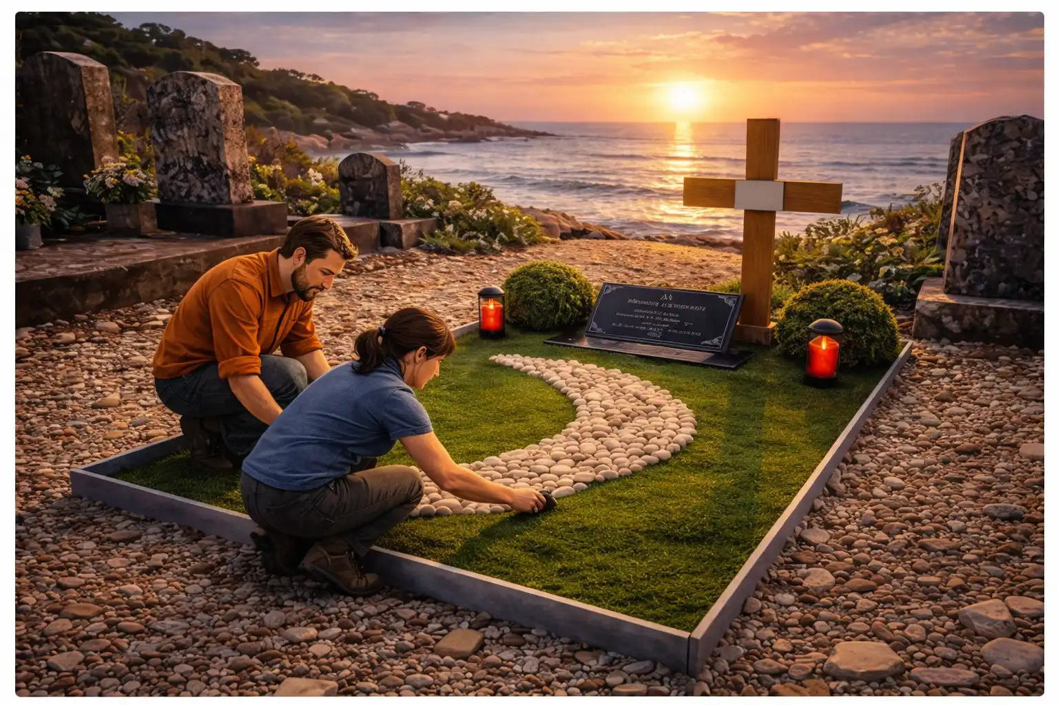 Tombe en kit moderne en pierre claire installée dans un cimetière, exemple de monument funéraire économique