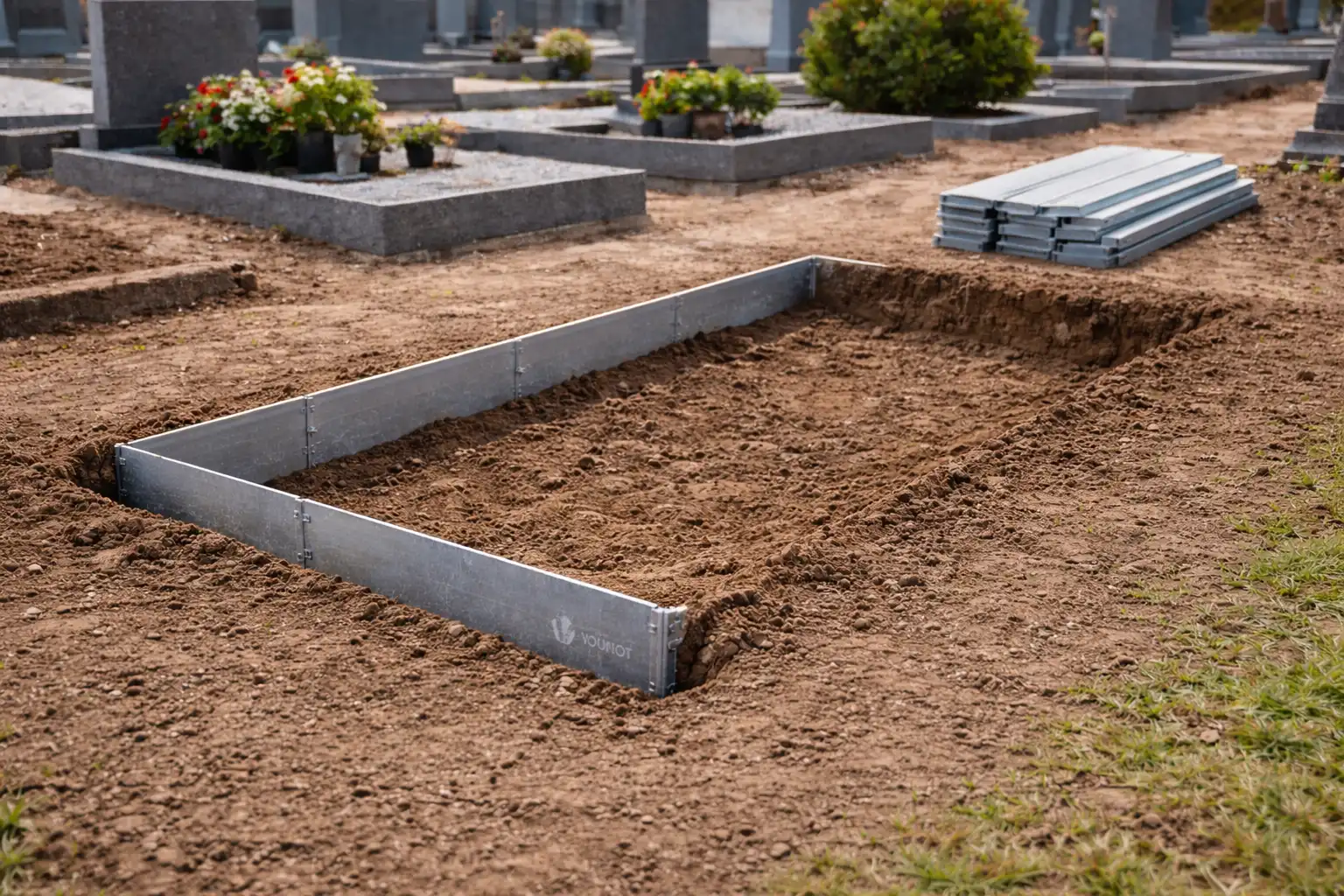 Tranchée creusée dans la terre pour délimiter une tombe avant la pose des bordures métalliques